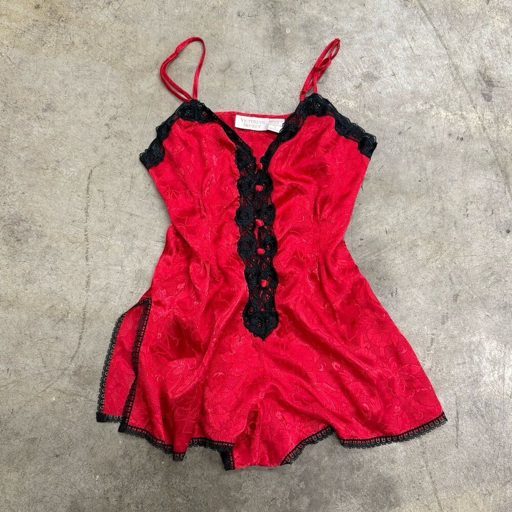 Vintage Victoria’s Secret Gold Label Red Satin Jacquard Lace Teddy Slip Size S